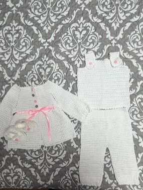 Handmade White Crochet Baby Outfit with Pink Accents